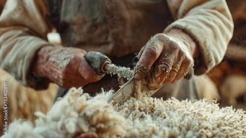 A blurry backdrop with close up of a shepherd shearing his sheep's with a space for text or product, Generative AI.