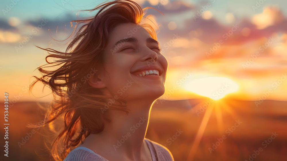 a very happy woman looking over the horizon a very happy woman looking over the horizon