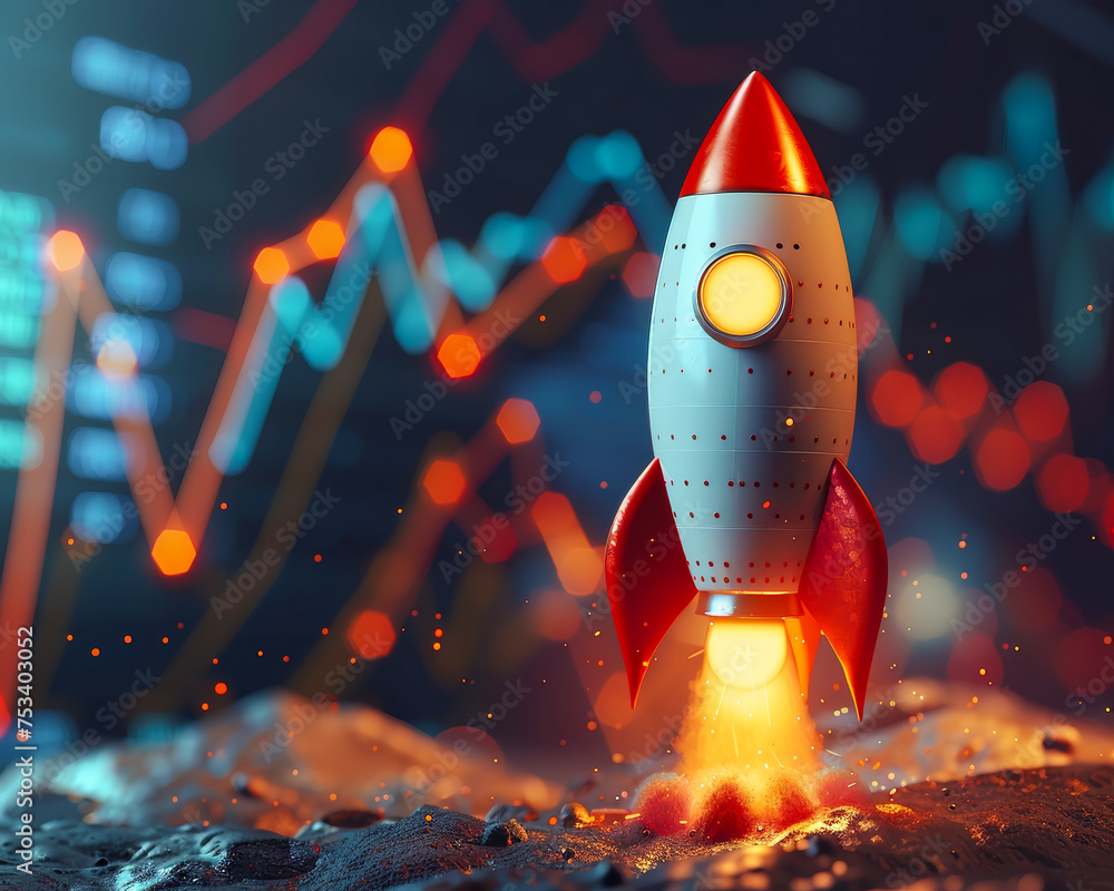 3D Rocket and Graph Business Growth Concept