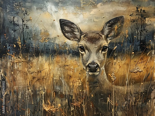 deer in the forest field oil painting vintage farmhouse style  wall art