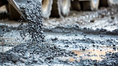 A close-up shows a concrete truck chute filling a form with wet cement mix and a reinforcing bar for a pavement against blurry backdrop, Generative AI.