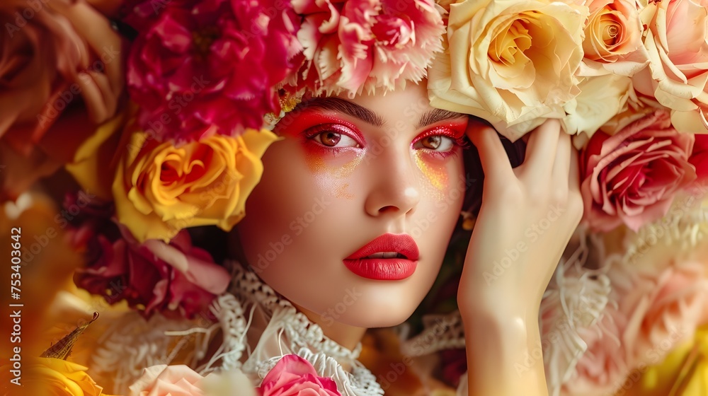 Alluring Model with Rose Headdress, To convey a sense of luxury, elegance, and beauty in high-fashion or beauty advertising campaigns Alluring Model with Rose Headdress, To convey a sense of luxury, elegance, and beauty in high-fashion or beauty advertising campaigns