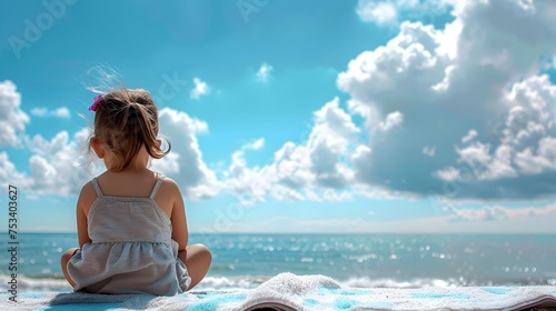 A young girl in meditation at the beach, To convey a sense of peace, tranquility, and mindfulness through the image of a young girl meditating on the photo