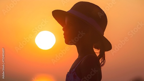 Girl in Hat Looking at Sunset, To convey a sense of peaceful evening tranquility and youthful adventure photo