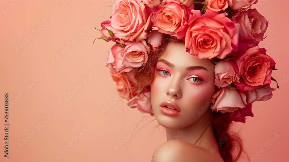 Stunning Model in Vibrant Rose Headdress, To showcase a high-fashion, luxury image of a stunning model with a unique and intricate rose headdress,