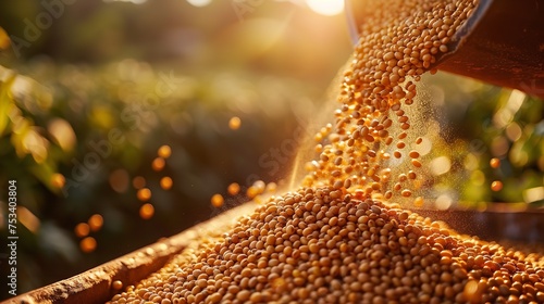 A close view of a field with a mound of harvested soybean grains and freshly gathered soybean seeds dropping from a tractor against a blurry sunny backdrop, Generative AI.