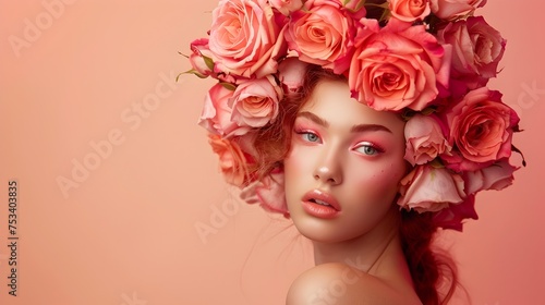 Stunning Model in Vibrant Rose Headdress, To showcase a high-fashion, luxury image of a stunning model with a unique and intricate rose headdress, © Rudsaphon