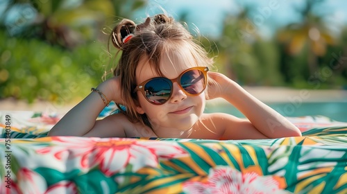 Summer Fun with Sunglasses on the Beach, To showcase the fun and excitement of a summer day spent at the beach or pool, with a focus on the quirky