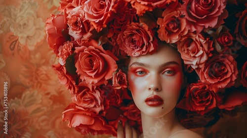 Woman with Roses in Her Hair, To convey a sense of natural beauty and surrealistic style through a portrait of a woman with roses in her hair photo