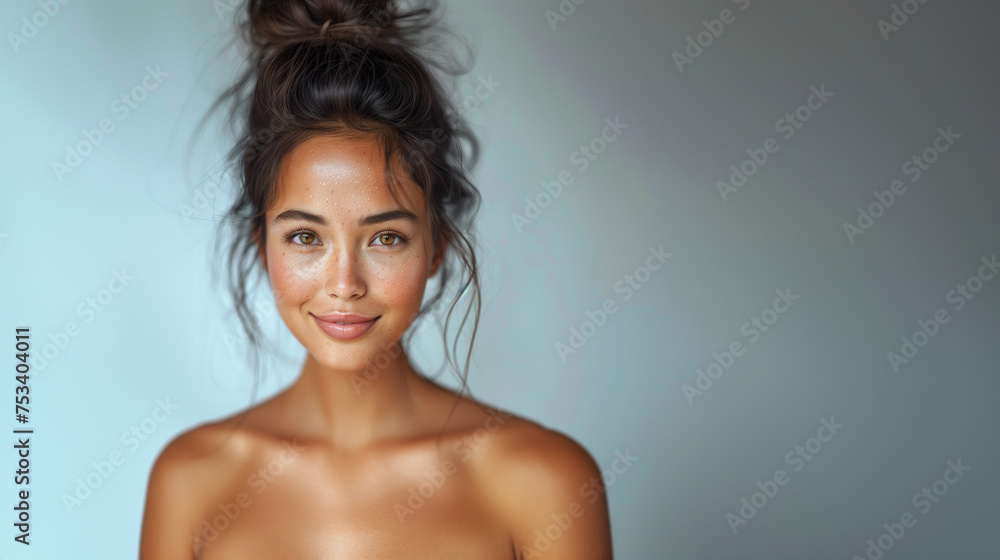 Portrait of a beautiful young asian woman showcasing flawless skin and a captivating smile on a clean white background. Portrait of a beautiful young asian woman showcasing flawless skin and a captivating smile on a clean white background.