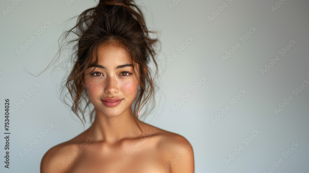 Portrait of a beautiful young asian woman showcasing flawless skin and a captivating smile on a clean white background. Portrait of a beautiful young asian woman showcasing flawless skin and a captivating smile on a clean white background.