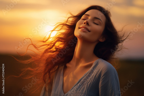 beautiful Woman with eyes closed enjoys in summer sunset © Kien