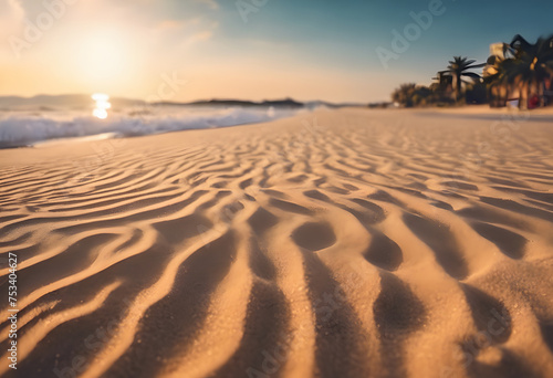 Golden beach sand with rippled texture, palm trees silhouette, and sunset over ocean horizon.