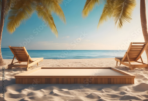 Tropical beach with two sun loungers and a palm tree overlooking the ocean. © Tetlak