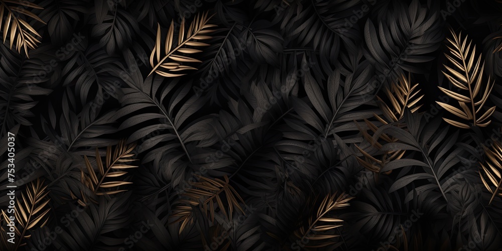 Set against a dark background, tropical leaves form an intricate pattern of vibrant colors, capturing the essence of exotic beauty and lush vegetation