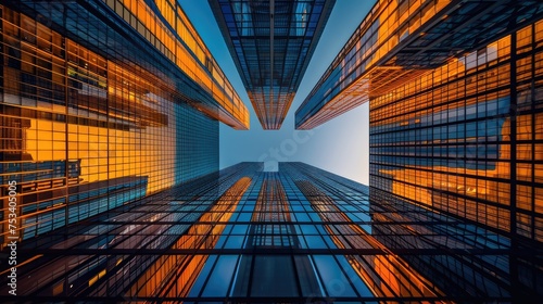 Low angle view of skyscrapers. Skyscrapers at blue sky looking up perspective. Bottom view of modern skyscrapers in business district in evening light at sunset. Generative Ai