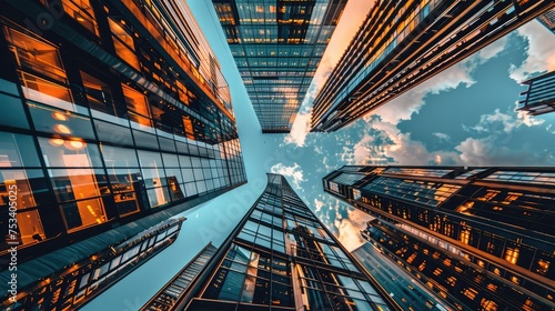 Low angle view of skyscrapers. Skyscrapers at blue sky looking up perspective. Bottom view of modern skyscrapers in business district in evening light at sunset. Generative Ai
