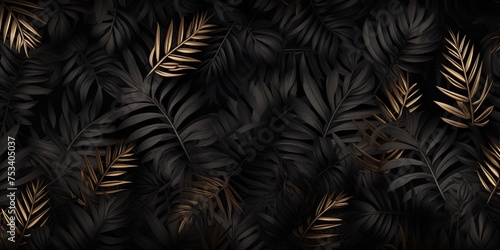 Set against a dark background, tropical leaves form an intricate pattern of vibrant colors, capturing the essence of exotic beauty and lush vegetation
