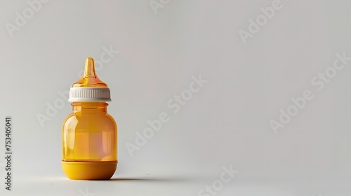 A jar featuring a fruit feeder and a healthy infant milk bottle against a white backdrop and blank space for text or product, Generative AI. photo
