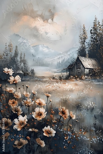 landscape cottage in flower field in the countryside moody vintage farmhouse style wall art or painting