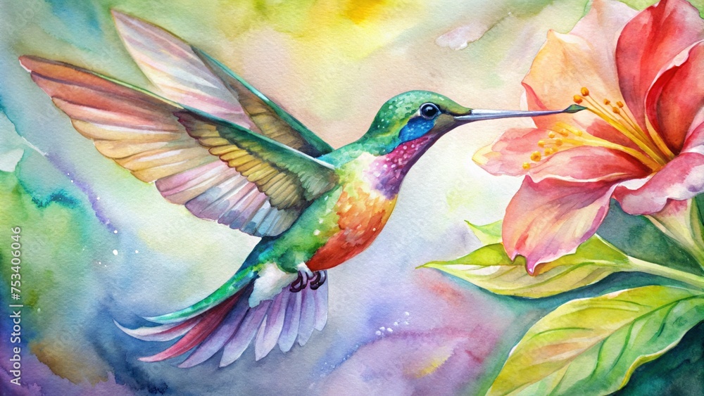 Close-Up Watercolor: Vibrant Hummingbird Feeding on Flower
