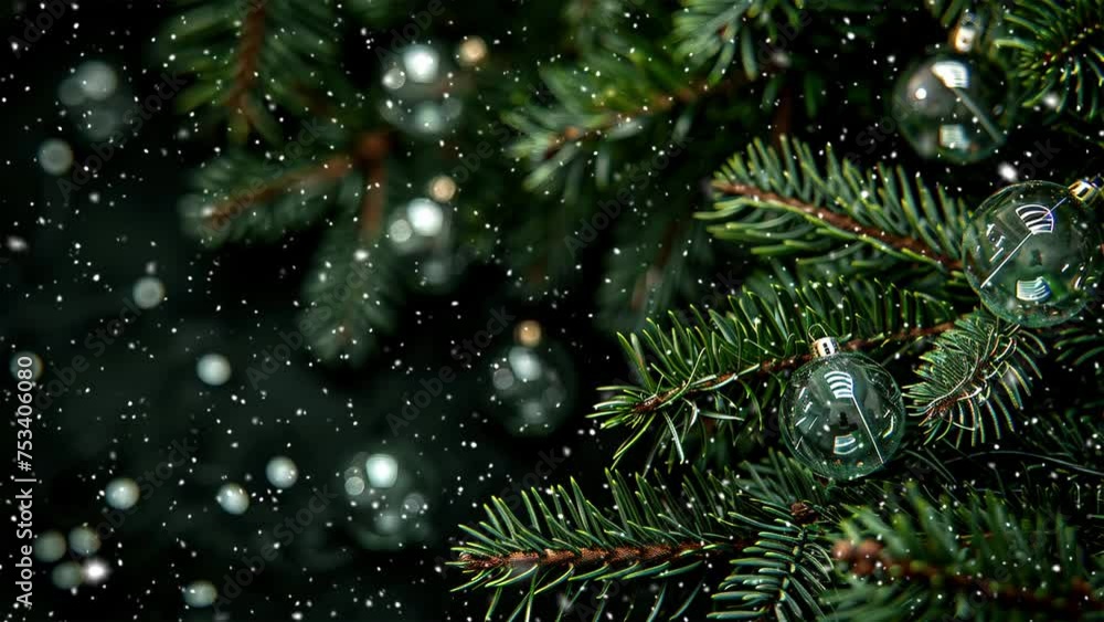 Glass balls with Christmas tree branches. Falling snowflakes. Сhristmas atmosphere. Noel. Christmas tree. Looped snow. Generative AI. Glass balls with Christmas tree branches. Falling snowflakes. Сhristmas atmosphere. Noel. Christmas tree. Looped snow. Generative AI.