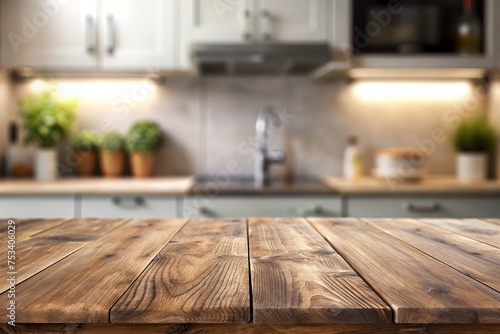 Grunge natural wooden table top with copy space for product advertising over blurred kitchen background at home