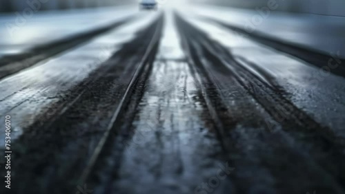 Thick black tire marks left behind on the asphalt as a car speeds off the starting line. photo