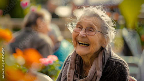 an elderly individual laughing during a discussion, surrounded by a vibrant outdoor setting. The image captures the essence of joyful aging, with a focus on the person's expressive face