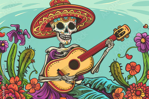Colorful day of the dead illustration with skeleton playing music