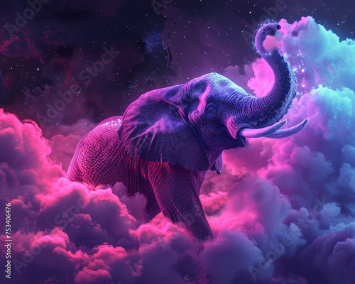 A neon spectacle Elephant ballet amidst the soft embrace of clouds photo