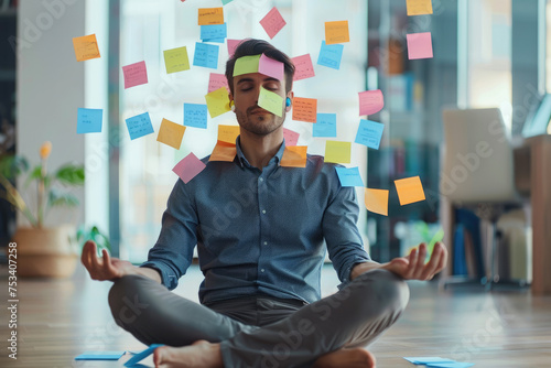 businessman or busy corporate employee with post it notes on face practising stress management photo