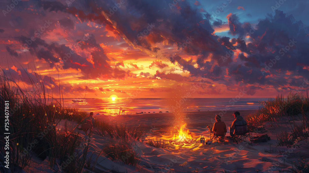 summer camping image at a beach campsite, with a family roasting marshmallows over a campfire as the sun dips below the horizon