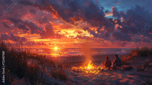 summer camping image at a beach campsite  with a family roasting marshmallows over a campfire as the sun dips below the horizon