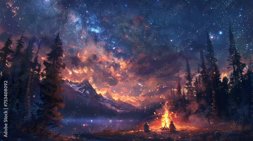 summer camping image in a national park campground, with a group of friends sitting around a campfire, with a backdrop of towering trees and a star-filled sky summer camping image in a national park campground, with a group of friends sitting around a campfire, with a backdrop of towering trees and a star-filled sky