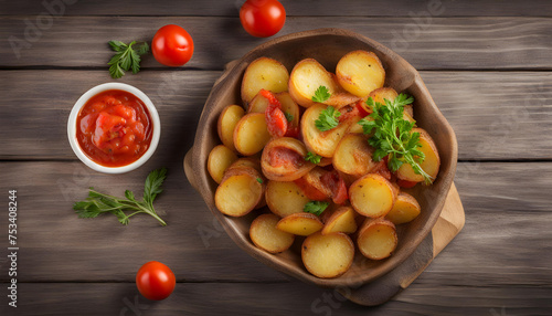 Fried rustic potato with tomato ketcup over board