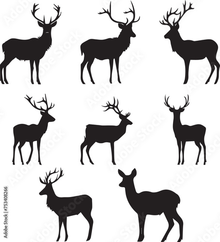 Set of Deers black silhouettes isolated on white background