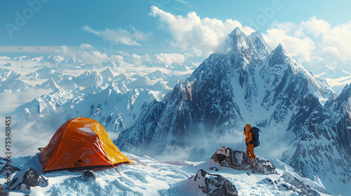winter backcountry camping scene, with a solo adventurer pitching a tent on a snowy mountain ridge photo