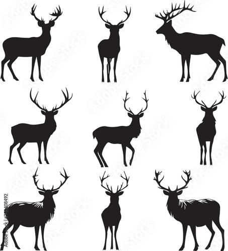 Set of Deers black silhouettes isolated on white background