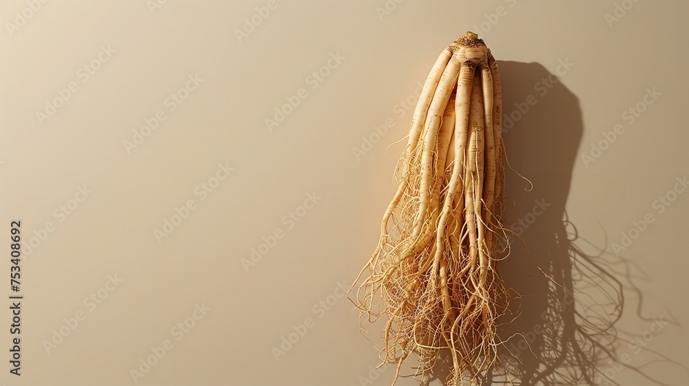 Advertisement featuring ginseng root in front against a brown background and blank space for text or product, Generative AI.