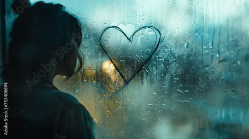 Side view of a girl making a heart symbol on a foggy window , with a dark and dramatic atmosphere. Generative AI