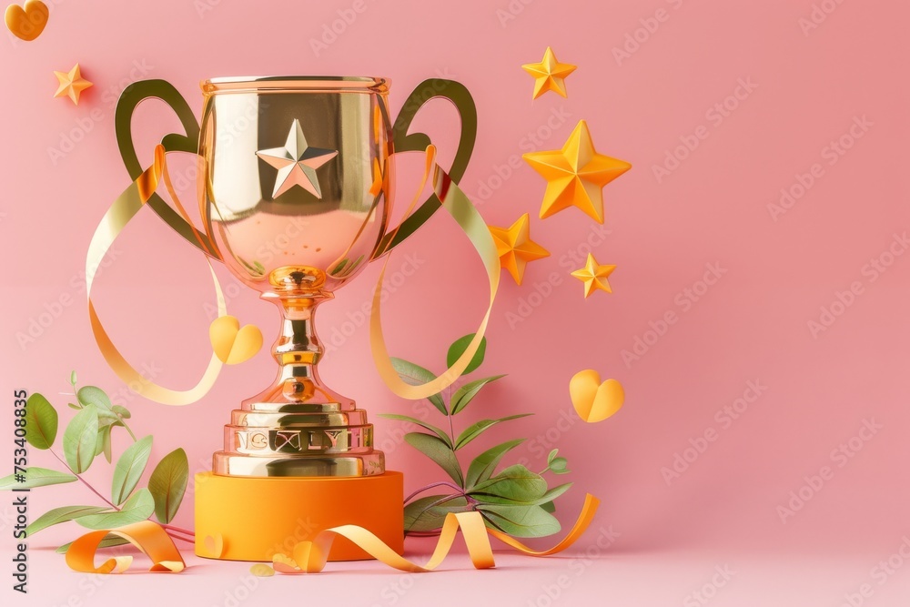 A shining golden trophy adorned with stars and celebration motifs on a soft pink background represents achievement and success. A shining golden trophy adorned with stars and celebration motifs on a soft pink background represents achievement and success.