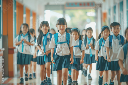 Group of elementary school students walk through hallway at school