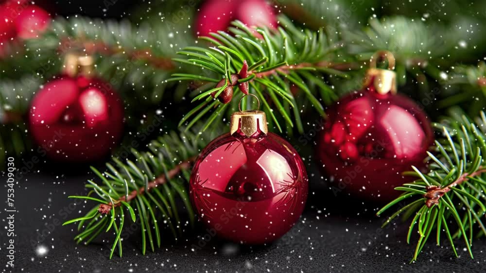 Glass balls with Christmas tree branches. Falling snowflakes. Сhristmas atmosphere. Noel. Christmas tree. Looped snow. Generative AI. Glass balls with Christmas tree branches. Falling snowflakes. Сhristmas atmosphere. Noel. Christmas tree. Looped snow. Generative AI.