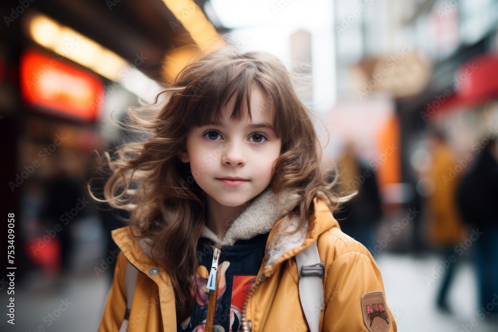 Beautiful little girl with long curly hair in a yellow coat on the street.