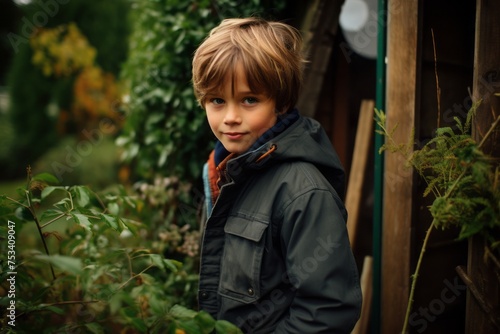 Portrait of a cute little boy in a black coat in the garden.
