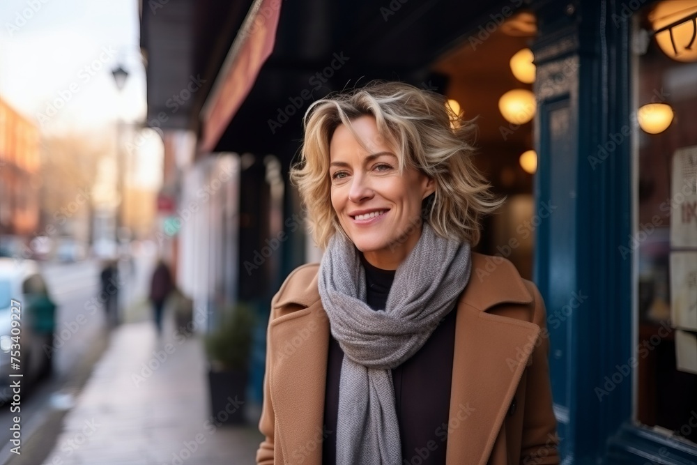 Portrait of a smiling middle-aged woman in a coat and scarf on a city street