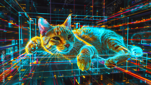 Schrodinger's cat in a box, glowing mathematical formulas, super detailed digital graphics. Generative AI