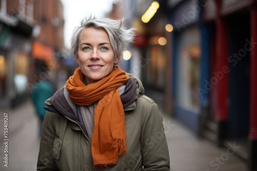 Portrait of smiling mature woman in scarf and coat on city street