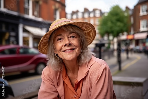 Portrait of smiling senior woman in hat standing on street in London © Stocknterias